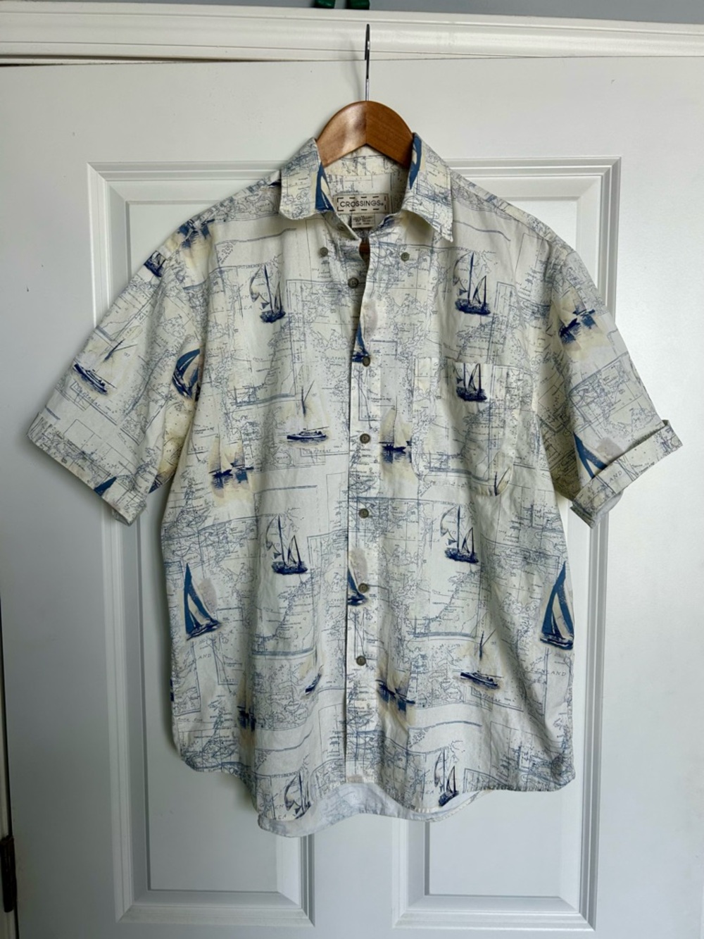 Vintage Sailboat Nautical Print Shirt - Blue on Cream